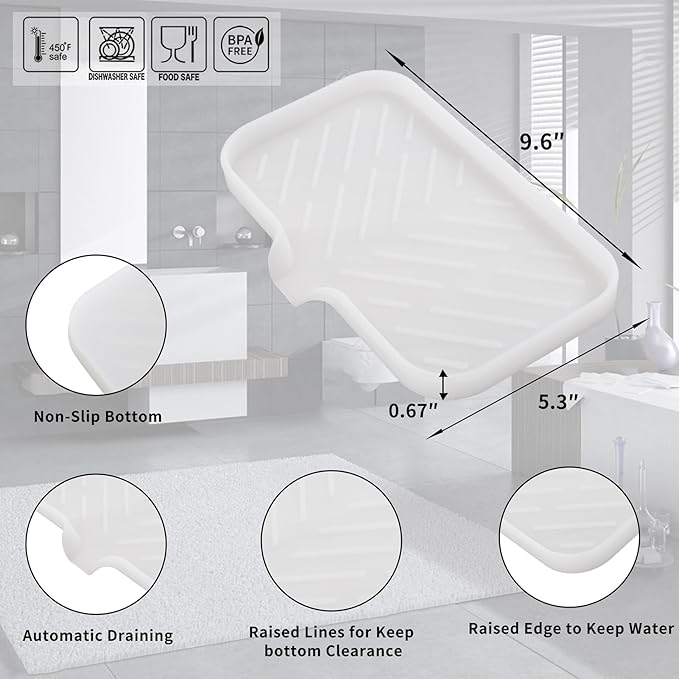Silicone Bathroom Soap Dishes with Drain Spout-Bathroom and Kitchen Sink Organizer,Sponge Holder,Dish Soap Tray,Perfect for Dispenser,Scrubber,Bottle,Cup on Counter Translucent 9.6"×5.3" - Bloomnest