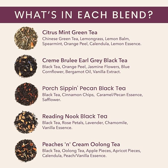 Loose Leaf Tea Sampler – 5 Caffeinated Blends Including Creme Brulee Earl Grey, Peach Oolong, Citrus Mint, Pecan and Floral Black – 75 to 100 Cups – Handcrafted in USA – Plum Deluxe - Bloomnest