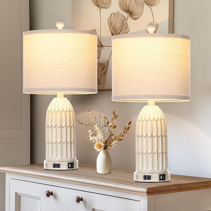 Farmhouse Table Lamps Set of 2, 3-Way Dimmable Touch Lamp for Bedroom Nightstand with USB A+C Ports & AC Outlet, White Vintage Boho Bedside Lamp for Living Room End Table (Bulbs Included) - Bloomnest
