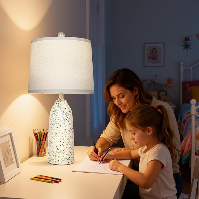 22.5" Faux Stone Table Lamps Set of 2, Farmhouse Lamps for Bedroom with Linen Shade, Rotary Switch Bedside Lamps with 3-Way Dimmable Bulb for Living Room Nightstand Home Decor(Bulb Included) - Bloomnest