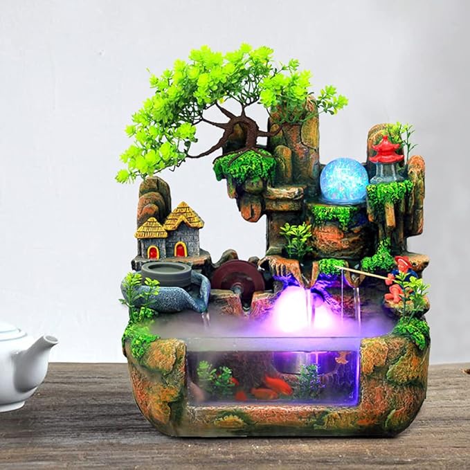 Gdrasuya10 110V Desktop Fountain Fish Tank Mini Waterfall with Fisherman, LED Lighting Fountain Simulation Resin Rockery Water Fountain Bonsai Ornaments for Home, Office, Bedroom, Desk - Bloomnest