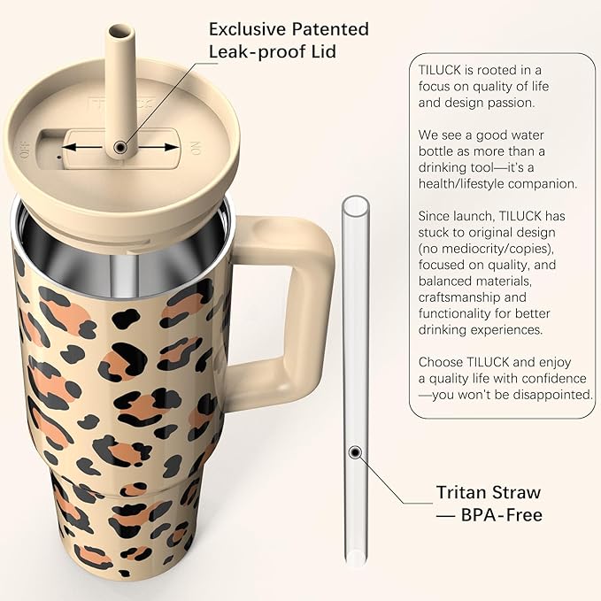 TILUCK 40 oz Tumbler with Handle, Vacuum Insulated Stainless Steel Travel Mug with 100% Leak-Proof Silicone Straw Lid, Cupholder Friendly Water Bottle(Leopard, 40oz) - Bloomnest
