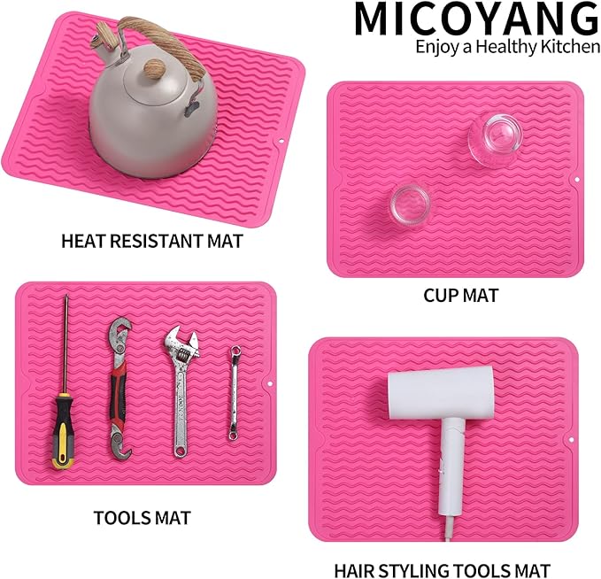 Silicone Dish Drying Mat for Multiple Usage,Easy clean,Eco-friendly,Heat-resistant Silicone Mat for Kitchen Counter or Sink,Refrigerator or drawer liner Rose L 16 inches x 12 inches - Bloomnest