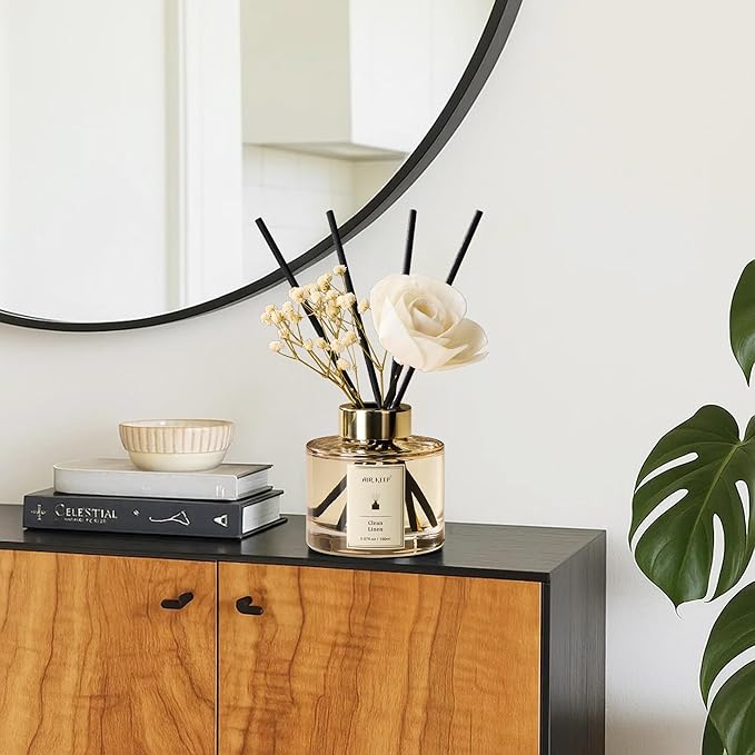 Airkeep Flower Reed Diffusers Set, 5.07 oz Clean Linen Scented Oil Diffuser with 8 Reed Sticks, Home Fragrance Diffuser Gift Set for Bathroom & Office Decor 150ml - Bloomnest