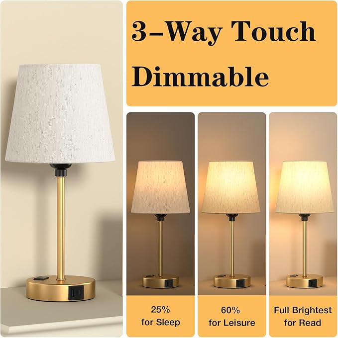Acaxin Lamp for bedrooms Set of 2 - Nightstand Bedroom Lamp with USB C Port and AC Outlet Charging, 3 Way Dimmable Touch Control Bed Side Table Lamp, Small Night Stand Light for Kids/Guest Room - Bloomnest
