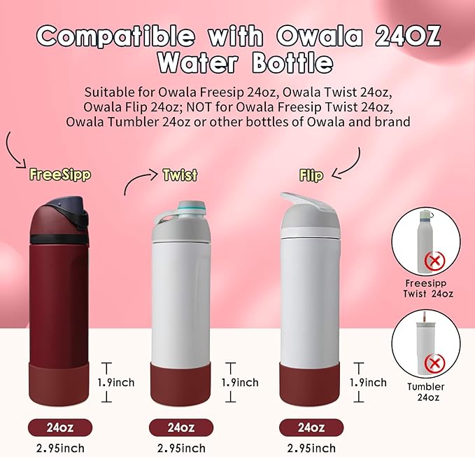 2PCS Silicone Water Bottle Boot, Compatible with Owala 24oz 32oz 40oz, Protective Anti-Scratch & Anti-Dent No Noise Sleeve Cover for FreeSip/Twist/Flip Water Bottles (Burgundy Bay, 24oz) BKBY
