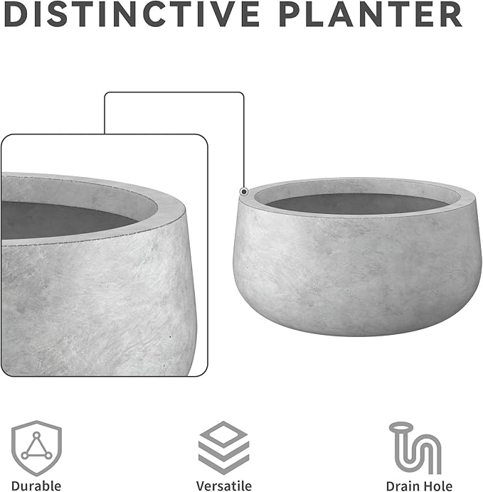 Kante 19.6" Dia Round Concrete Planter, Cement Plant Pots with Drainage Hole and Rubber Plug for Outdoor Indoor Garden Home, Modern Curvaceous Design, Natural Concrete - Bloomnest