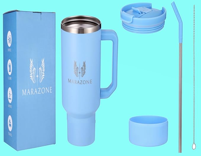 40 oz Insulated Tumbler with Handle and Straw – Stainless Steel Double Wall Vacuum Cup Fits Car Cup Holder, Hot Cold Travel Mug, BPA Free Reusable Water Bottle Gift for Women Men - Sky Blue - Bloomnest