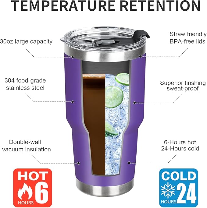 30 oz Tumbler with Lids and Straws Double Wall Vacuum Insulated Tumbler Cup,Stainless Steel Leak-proof Thermal Tumbler Powder Coated Travel Coffee Mug for Cold and Hot Drinks,Dark Purple - Bloomnest