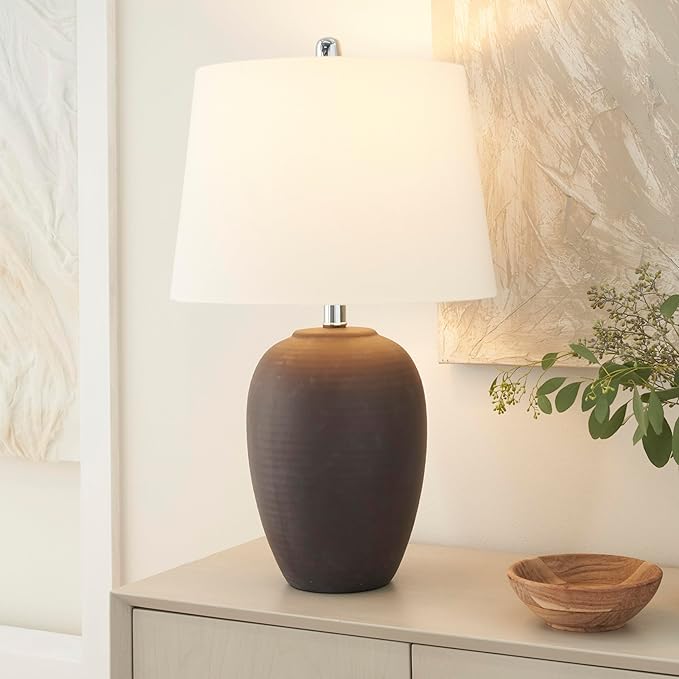 Nourison Home 23" Dark Purple Distressed Ceramic Pot Table Lamp for Bedroom, Living Room, Dining, Office, with White Shade - Bloomnest