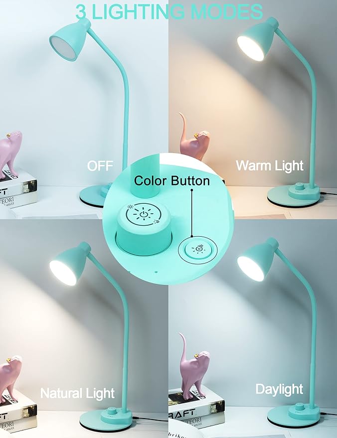 BOHON LED Desk Lamp with USB Charging Port, 3 Color Modes Fully Dimmable Reading Lamp, Auto Dimming Task Lamp, Flexible Gooseneck Table Light for Office Dorm Bedside, Adapter Include, Teal - Bloomnest