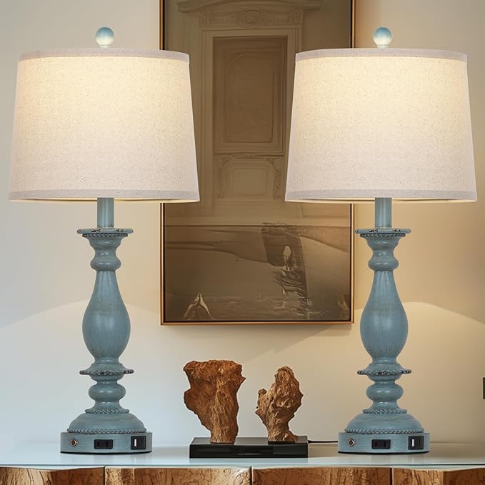 28" Tall Coastal Table Lamps for Living Room Set of 2, Farmhouse Rustic Blue Bedside Touch Lamp with USB C+A Ports & Outlet, 3-Way Dimmable Resin Nightstand Lamps for Bedroom Side End Table - Bloomnest