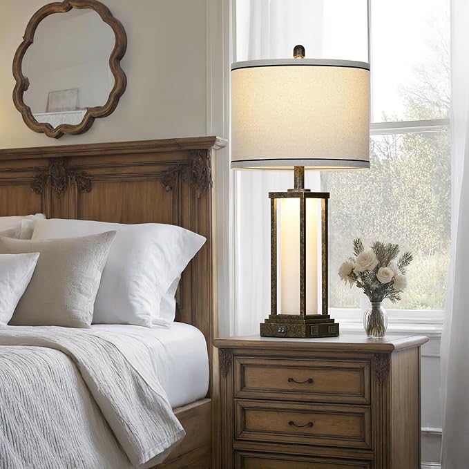 27" Tall Vintage Table Lamp with USB C+A & Outlet,Bronze Industrial End Table Lamp for Living Room,Farmhouse Rustic Bedside Lamp with Frosted Glass Night Light for Bedroom Nightstand,Bronze-1P - Bloomnest