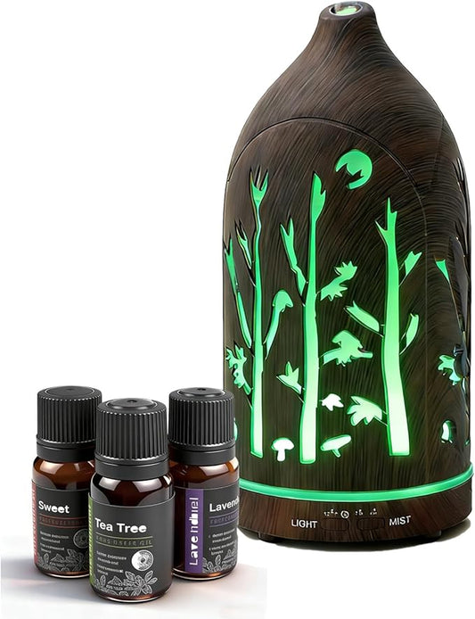 Essential Oil Diffuser,7.1''x3.5'' Air Diffusers with 3 Aromatherapy Oils Set,Small 200ml Humidifier with 7 LED Colors Lights,Waterless Auto-Off for Desk Office Home Decor Gift(Tree Dark Wood Grain) - Bloomnest