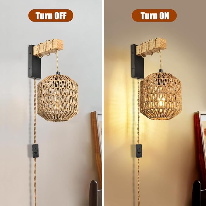 Rattan Plug in Wall Sconces Set of Two, Hand Woven Boho Wall Lamp Plug in Cord Wall Sconces for Bedroom Living Room Farmhouse - Bloomnest