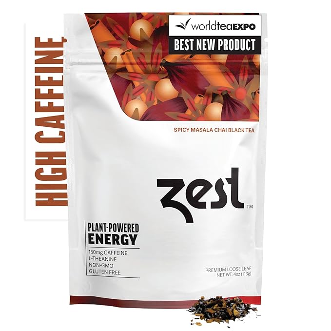 Zest Energy Black Tea - Spicy Masala Chai Loose Leaf Blend - High Caffeine Cardamom Ginger Tea with Cinnamon - Caffeinated Coffee Altnernative - Natural, Non-GMO & Keto - 50 Servings - 150mg Caf - Bloomnest