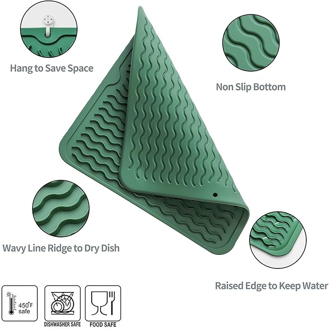 Silicone Dish Drying Mat for Multiple Usage,Easy clean,Eco-friendly,Heat-resistant Silicone Mat for Kitchen Counter or Sink,Refrigerator or Drawer liner Green M 12 inches x 12 inches - Bloomnest