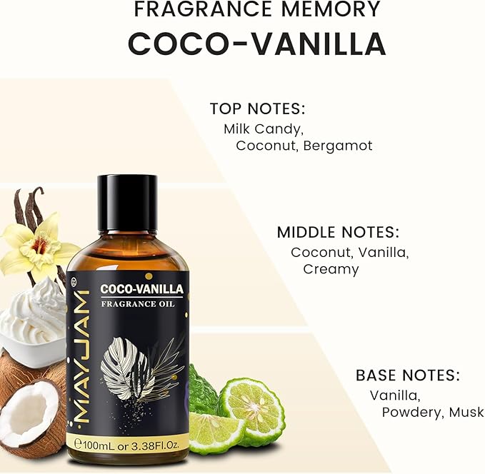Coco-Vanilla Fragrance Oil Essential Oil, MAYJAM 3.38FL.OZ Coconut Vanilla Oil for Diffusers for Home, Long Lasting Scented Oils for Soap Candle Making - 100ML MAYJAM