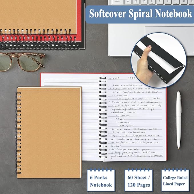GINMLYDA Small Spiral Notebook A5, 6Pack 120 Lined Pages 8.25x5.5 Inches Spiral Journal Kraft Cover Notebooks & Writing Pads for School Home Office Aesthetic Sketch Drawing Note - Bloomnest