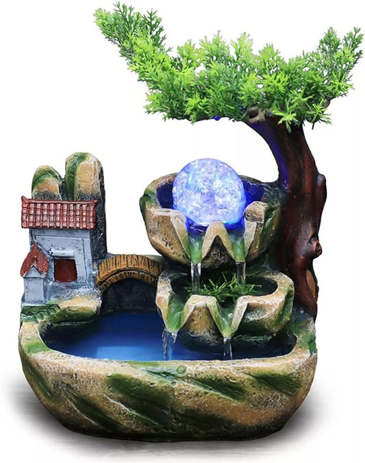 Waterfall Fountain Indoor Mini Waterfall with Led Lights & Atomizer Indoor Fountains and Waterfalls Table Top Water Fountain for Office, Home, Bedroom Desk Decor (Rockery Flowing Water)