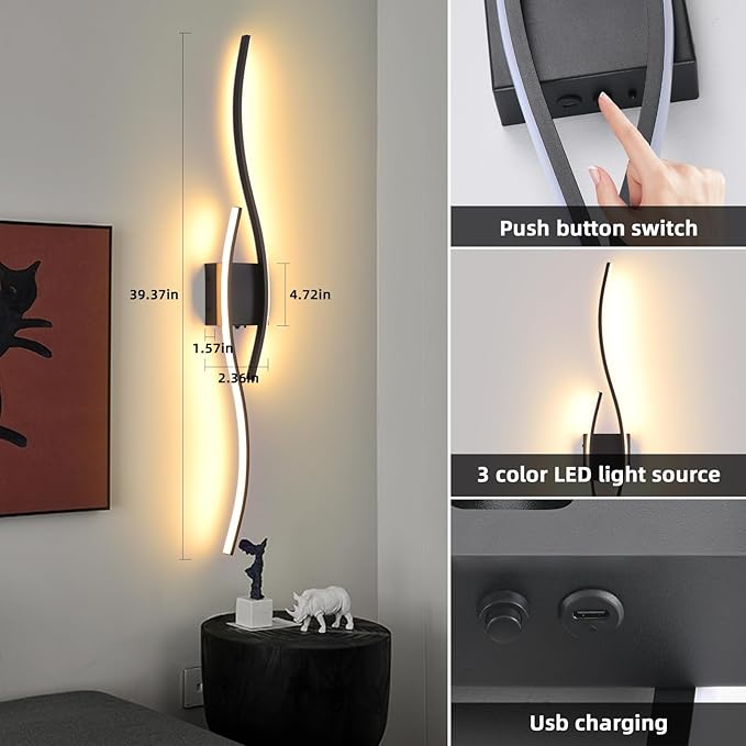Battery Operated Wall Sconces Set Of Two, 3000K-6500K 39 inch black LED dimmable wireless wall sconce with remote control, USB rechargeable wall lights for Living Room Bedroom Hallway Background - Bloomnest