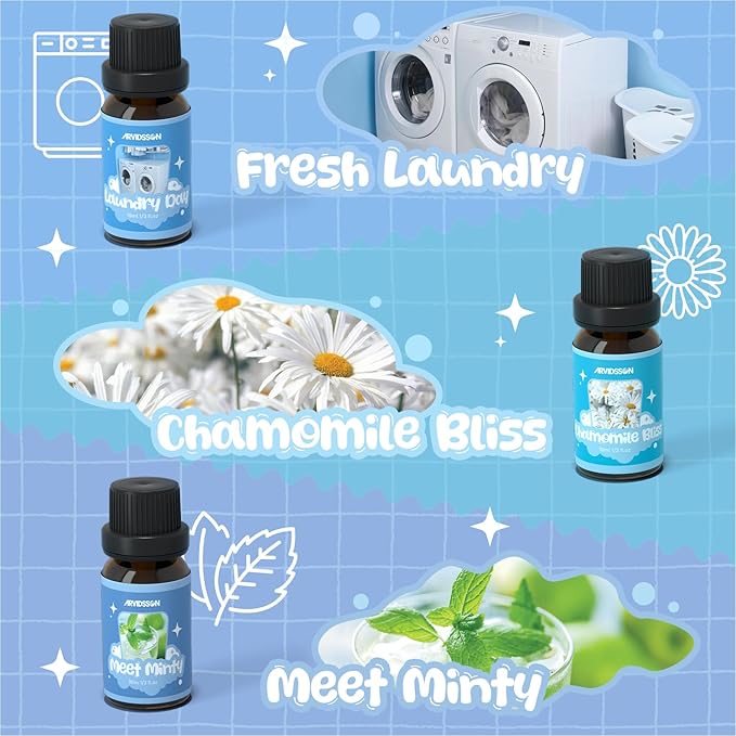 ARVIDSSON Laundry Collection Essential Oil Set, Natural Clean Essential Oils for Diffuser, Use with Wool Dryer Balls - Fresh Linen, Citrus Clean, Laundry Day, Chamomile Bliss, Lavender Field, Minty - Bloomnest