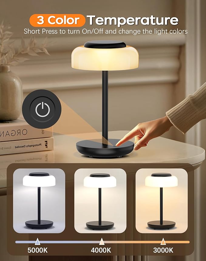 QiMH Battery Operated LED Table Lamp, 5000mAh Rechargeable Cordless Lamp, Stepless Dimmable Touch Control, Small Waterproof Desk Night Light for Living Room, Bedroom, Outdoor Bar (Black) - Bloomnest
