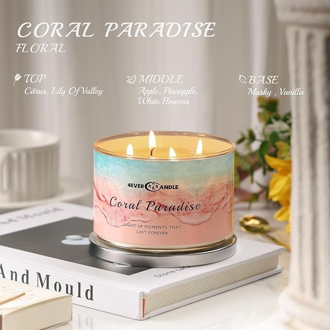 Coral Paradise Scented Candles, 18oz Soy Candles Non Toxic 4-Wick Large Candle Jars, Over 50 Hours of Burning Time, Ideal for Gifting, Events, Home Decor - Bloomnest