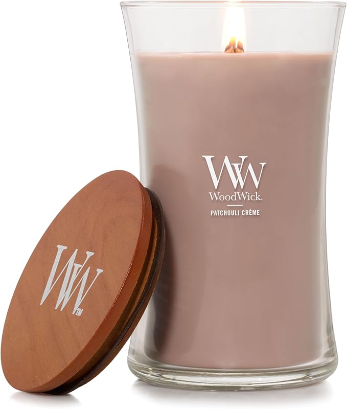 WoodWick Patchouli Crème Gifts for Women and Men, 21.5 oz Large Hourglass Candle with Crackling Wick - Bloomnest