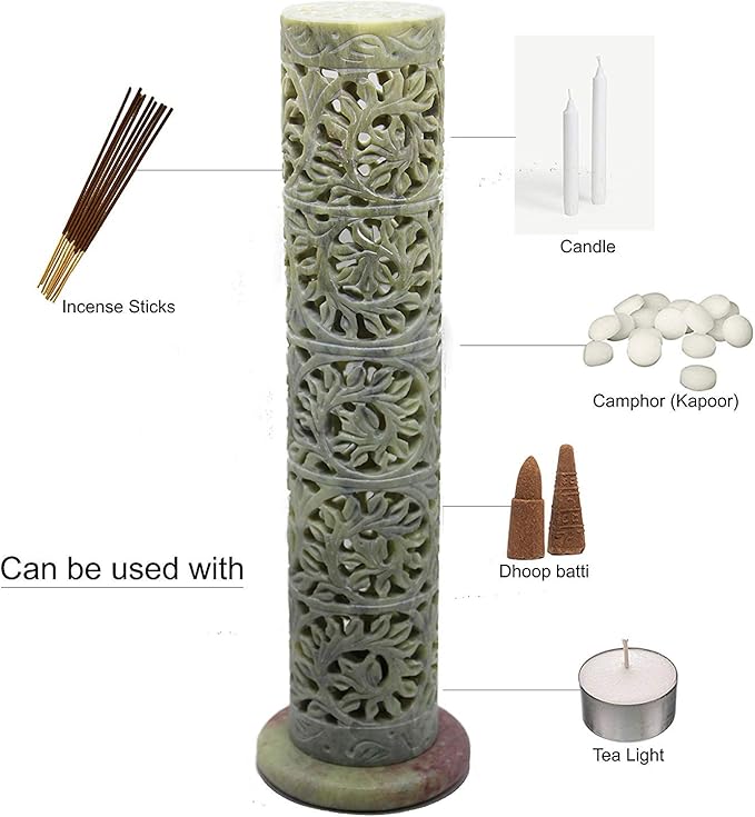 Carry Me Marble Soapstone Incense Stick Holder | Candle Burner | Tea Light Holder - Perfect Handmade Floral Carving for Gifting. Decorative Home and Office Decor.(3 x 3 x 11 Inches) - Bloomnest