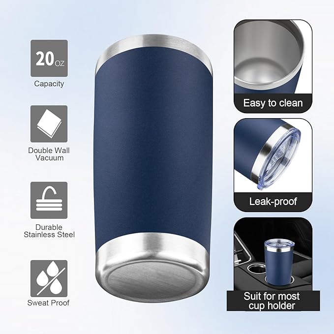 20oz Tumbler with Lid and Straw Double Wall Powder Coated Vacuum Insulated Coffee Tumbler Stainless Steel Insulated Travel Coffee Mug Spill-Proof Thermal Cup for Hot and Cold Beverage,Navy Blue - Bloomnest