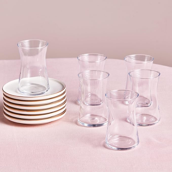 KARACA Streamline Meridian 12-Piece Turkish Tea Cups for 6 People, 5.75 fl oz Turkish Tea Glasses Set, Durable Glass with Gold Detailing & White Color Saucers - Bloomnest