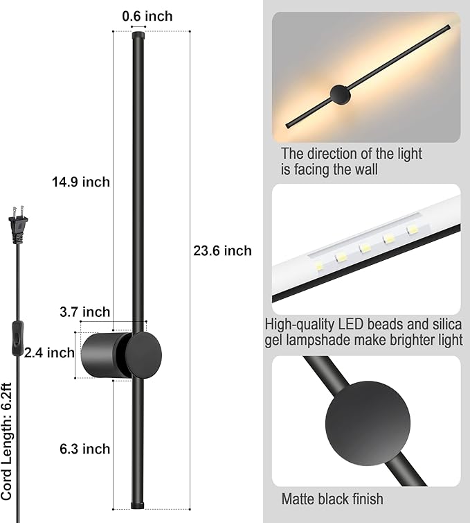 Wall Sconces Set of Two with Remote, Stepless Colors 3000K-6500K & Stepless Dimming, Hardwire or Plug-in, 180° Rotate, LED Black Plug in Wall Sconces with Timer & Night Light, 23.6 Inches - Bloomnest
