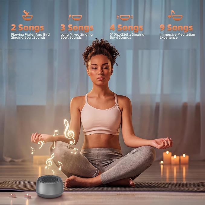 Electronic Tibetan Singing Bowl,Frequency Generator for Meditation,Yoga,Chakra Healing,256HZ-432HZ-528HZ 9 Healing Sound Bowls,4 Timer and Luminous Button,Reiki,Stress Relief Gift Grey Bloomnest