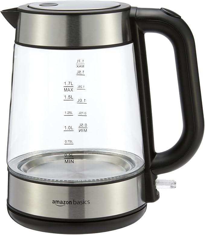 Amazon Basics Electric Kettle with Glass Carafe for Tea and Coffee, BPA-Free, Fast Boiling, Auto Shut-Off, 1.8 Quarts, 1500W, Black and Silver - Bloomnest