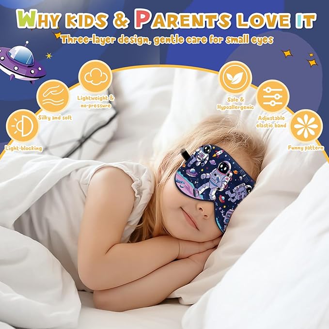 Silk Kids Sleep Mask: 100% Mulberry Silk Eye Mask, Sleeping Masks with Adjustable Strap, Soft & Light-Blocking Printed Kid Eye Cover for Boys Girls Teens Aged 5-15 (Alien Theme) - Bloomnest