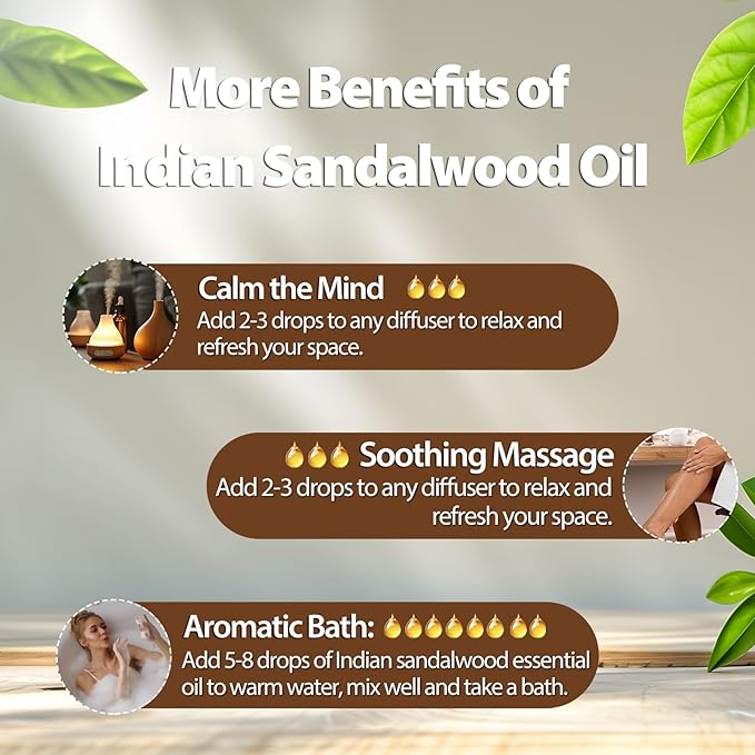 PHATOIL Indian Sandalwood Essential Oil, Pure Premium Natural Oil for Hair Care, Body Skin Care, Aromatherapy, DIY Candle, Soap Making 3.38Fl Oz - Bloomnest