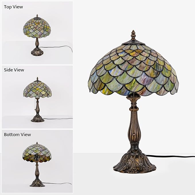 Tiffany Style Table Lamp Vintage Stained Glass Desk Lamp Mable Gradient Green Fish Scales Bedside Reading Light Decor Bedroom Living Room Home Office D12 xH18 (Green Fish Scales) - Bloomnest