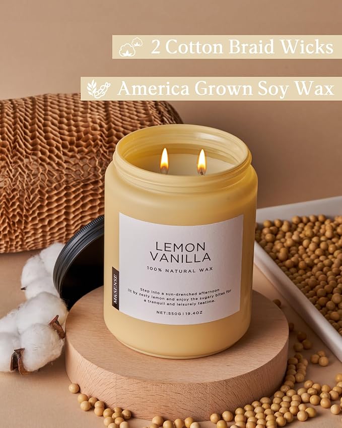 M&SENSE Candles Lemon Vanilla Scented, 19.4oz 110 Hours Long Lasting for Home 2 Wick Natural Soy Wax Non Toxic Candles in Glass Jar, Stress Relief Gifts for Women and Men - Bloomnest