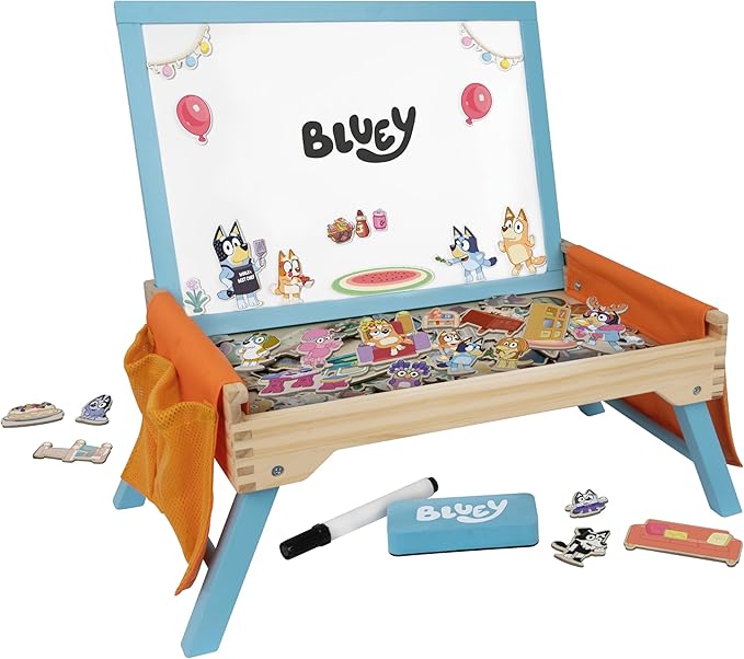 Bluey Art Creation Kids Art Station with 100 Magnets & Whiteboard Lid, Foldable Legs, Art Table for Kids, Storage Pockets - Bloomnest