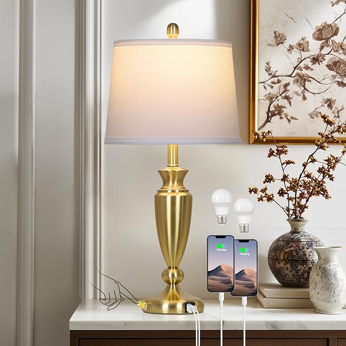 27" Gold Table Lamp Single, Touch Control Modern Bedroom Lamp with USB A+C Ports, 3-Way Metal Bedside Lamp, Elegant Brass Table Lamp for Night Stand Desk Side Table Office (Bulb Inclued) - Bloomnest