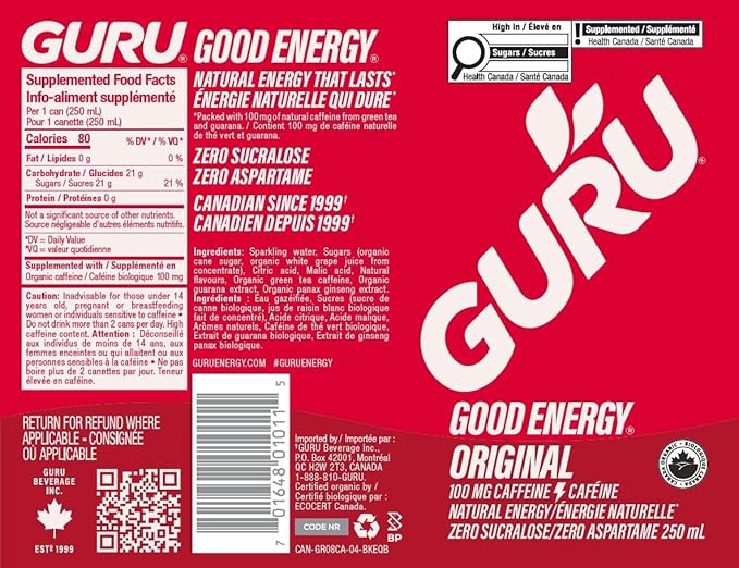 GURU Original Organic Energy Drinks, Clean Energy Drink with Plant Based Natural Caffeine from Green Tea, Gluten Free and Vegan, 100MG Caffeine, Healthy Drinks, 8.4oz (Pack of 24) - Bloomnest