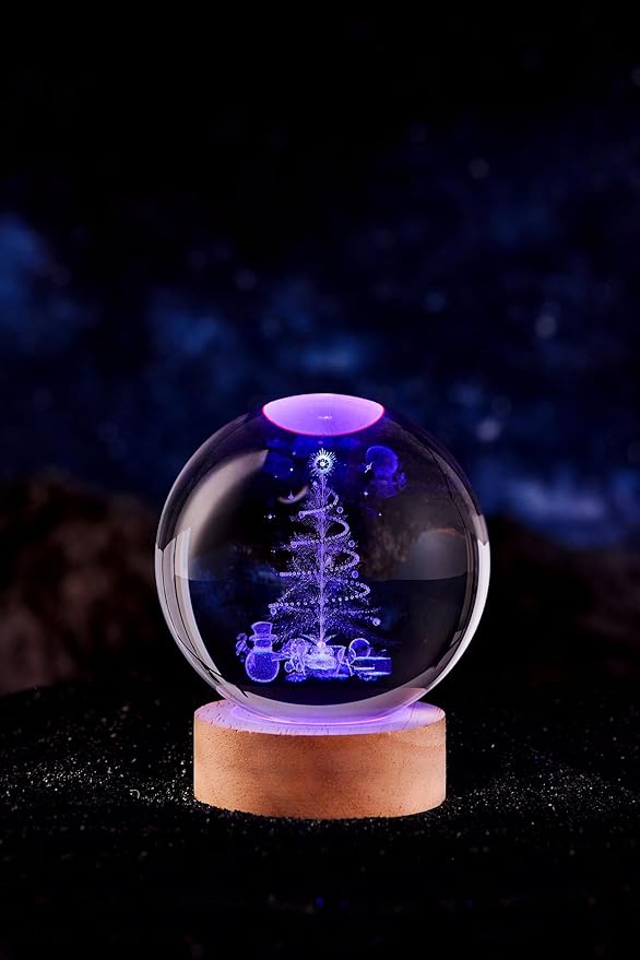 Christmas Crystal Ball lamp,3.15 inch K9 3D Christmas Tree Night Light with Wooden Base,Christmas Gift for Friends,Christmas Decorations,16 Colors Change with Remote Control (G) - Bloomnest