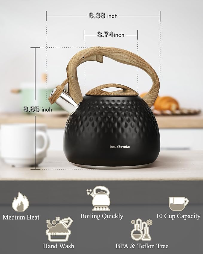 Tea Kettle Stovetop,2.5QT Stainless Steel Whistling Teapot for Stove Top Aesthetic,Portable Water Kettles Camping with Anti-hot Silicone Handle,Suitable for All Heat Sources,Black - Bloomnest