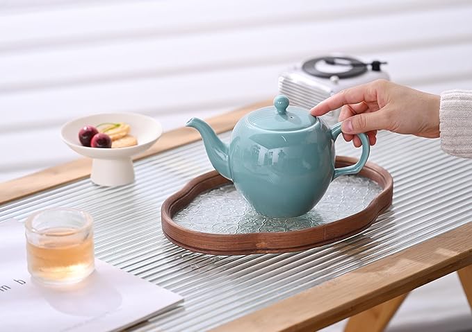 Antique Ceramic Teapot Coffee Pot with Infuser, 400ml (1-2 cups) Small Porcelain Tea Pots for Loose Leaf Tea, with Removable Stainless Steel Strainer and Lid for Gift (Cyan)