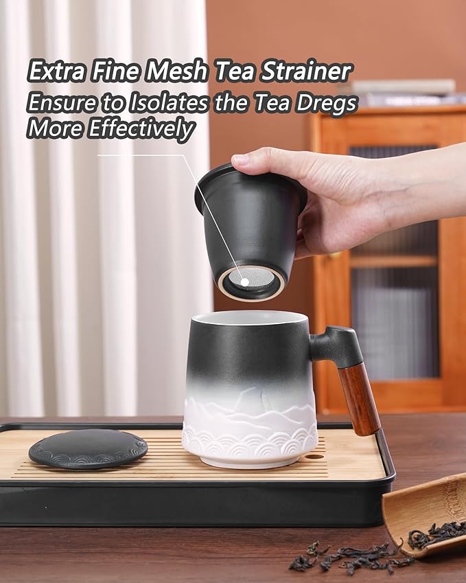 ZENS Tea Mug with Infuser and Lid for Loose Leaf Tea Steeper, 16.9oz Embossed Ceramic Tea Cup with Fine Tea Strainers, Wood Handle Large Diffusers Mugs for Tea Lovers Gifts