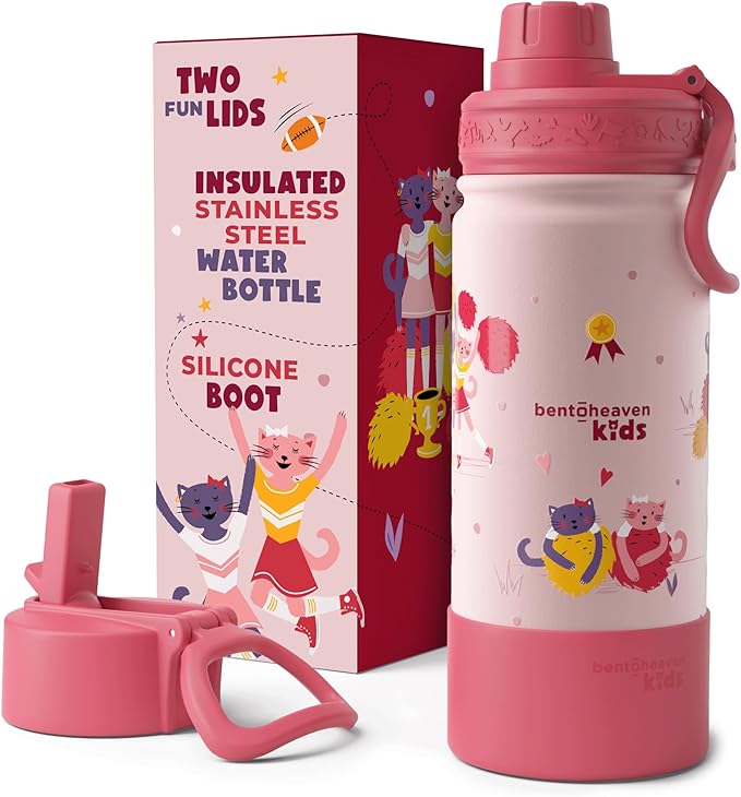 Bentoheaven Kids Water Bottle Stainless Steel for Boys & Girls, 2 Lids (Chug & Straw), Handle & Silicone Boot, Reusable Metal Leak-proof Insulated Tumbler, School & Sports 17oz (Pink) - Bloomnest