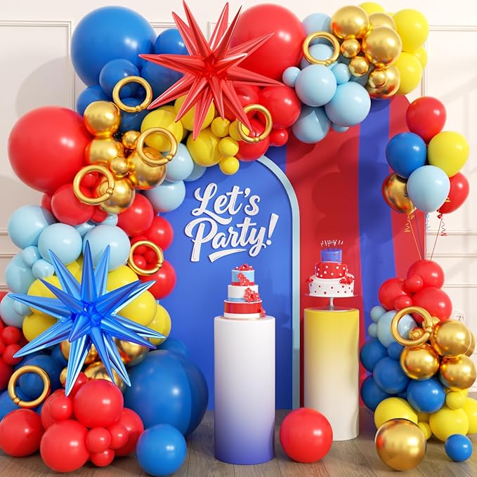161Pcs Blue Yellow Red and Gold Balloon Garland Arch Kit - Cartoon Party Decorations with 4D Star Gold Long Balloons for Birthday Baby Shower Cartoon Carnival Circus theme Backdrop Decorations - Bloomnest