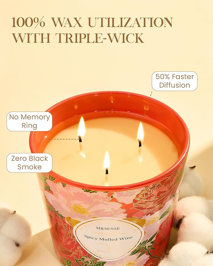 M&SENSE Spicy Mulled Wine Scented Candle, 28.2oz 3 Wick Natural Soy Wax Large Candles, Long Lasting Clean Slow Burning No Toxic Décor for Home Relaxation, Romantic Dates & Gift-Giving - Bloomnest