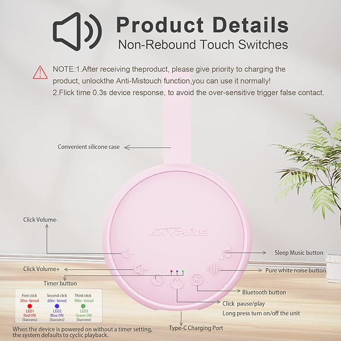 White Noise Machine for Sleeping Adults & Baby, Portable Sound Machine with 24 Soothing Sounds, Bluetooth 5.1, Battery Powered, 3 Timer Settings, Memory Function for Home, Office, Travel (Pink)